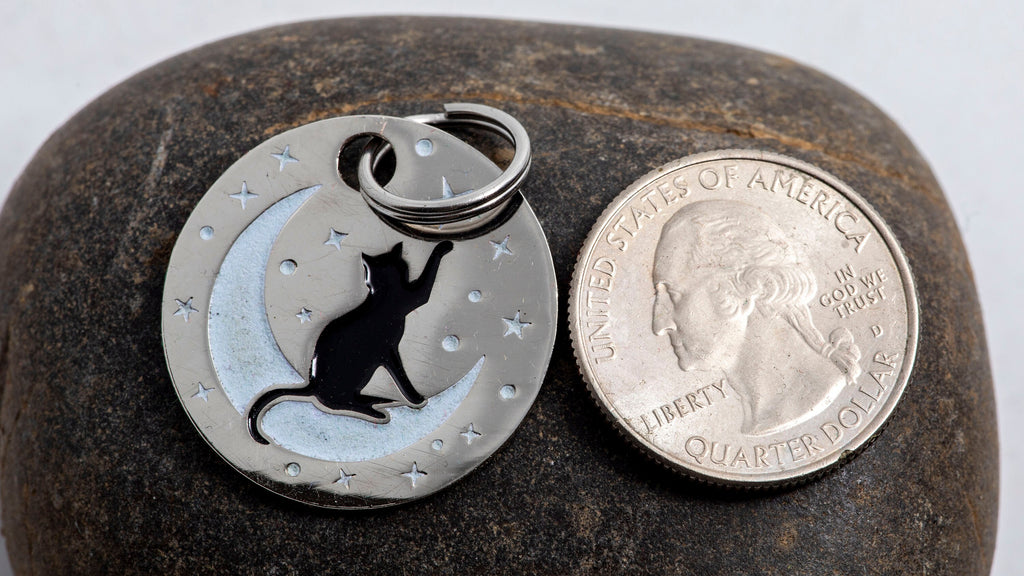 Engraved Moon Cat ID Tag with Subtle Glow-in-the-dark - Cat on the Moon (Silver-tone) - 1" Pet ID Tag - Custom Cat ID Tag