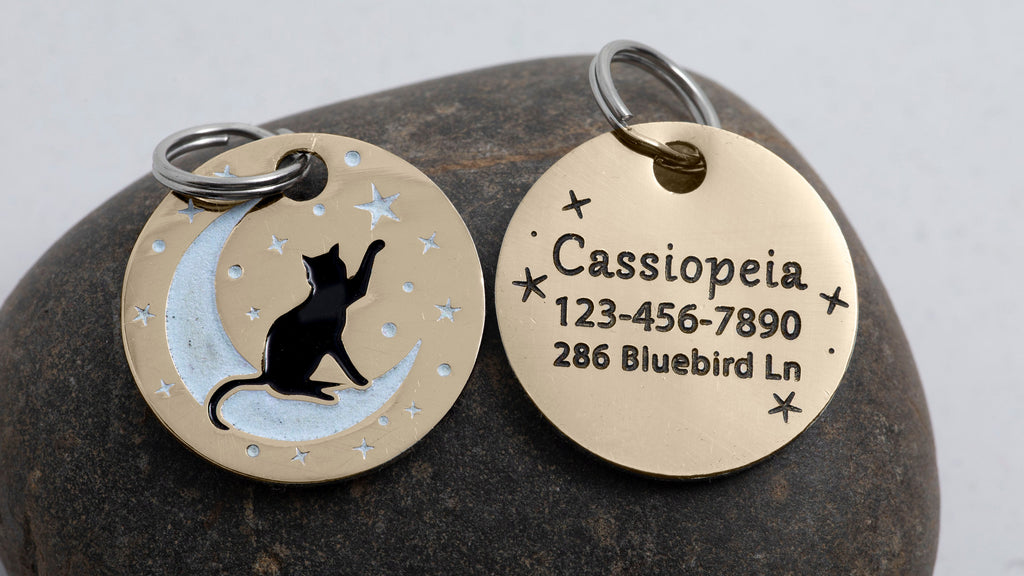 Engraved Moon Cat ID Tag with Subtle Glow-in-the-dark - Cat on the Moon (Gold-tone) - 1" Pet ID Tag - Custom Cat ID Tag