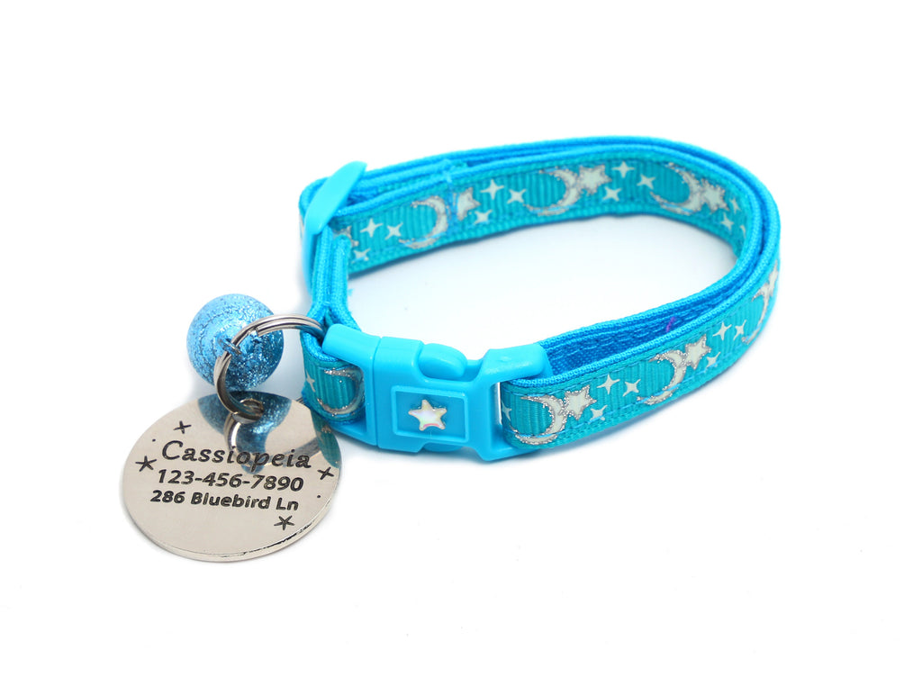 Moon Cat Collar - Silver Moons and Stars on Turquoise - Breakaway Cat Collar - Kitten or Large size - Glow in the Dark B58D201