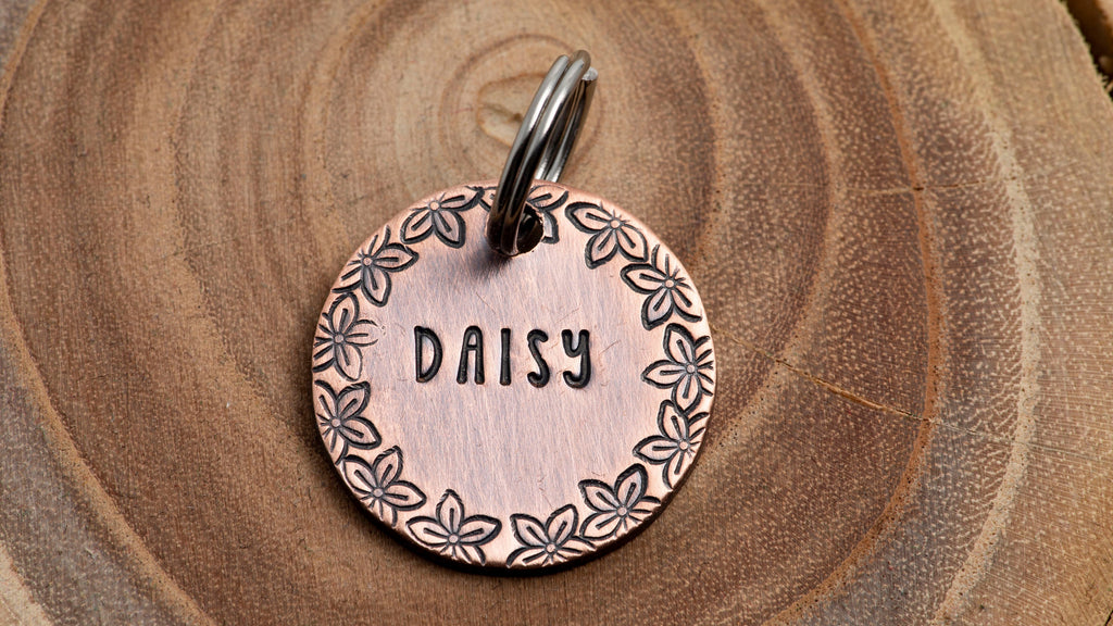 Flower Pet ID tag -  Daisy Dog Name Tag - Floral Stamped Cat ID Tag -- Spring ID Tag -- flowers Tag -- Custom Pet Tag