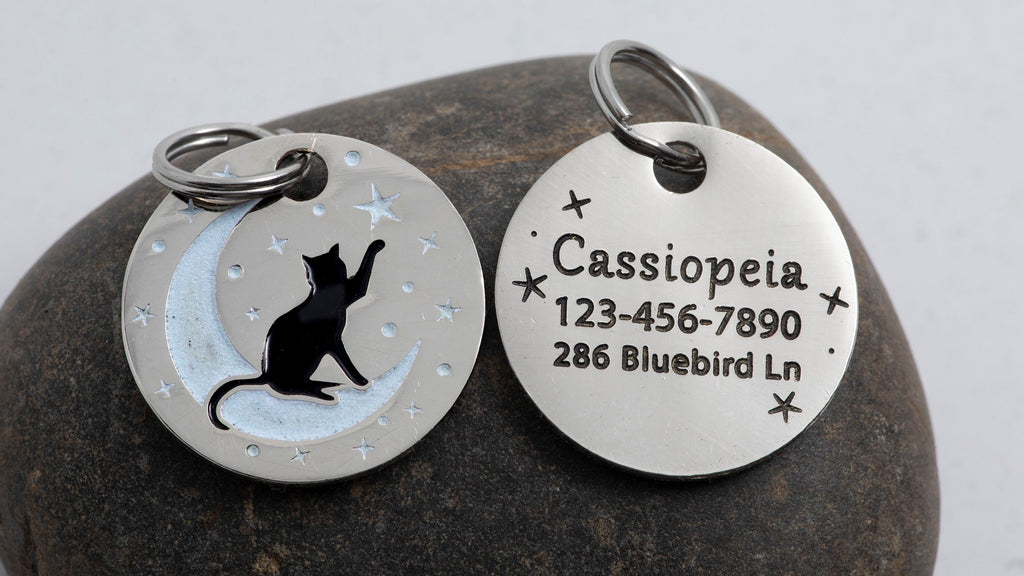 Engraved Moon Cat ID Tag with Subtle Glow-in-the-dark - Cat on the Moon (Silver-tone) - 1" Pet ID Tag - Custom Cat ID Tag