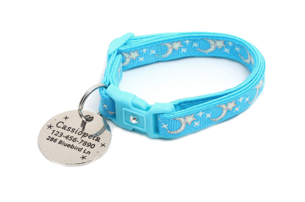 Moon Cat Collar - Silver Moons and Stars on Blue - Breakaway Cat Collar - Kitten or Large size - Glow in the Dark B21D201