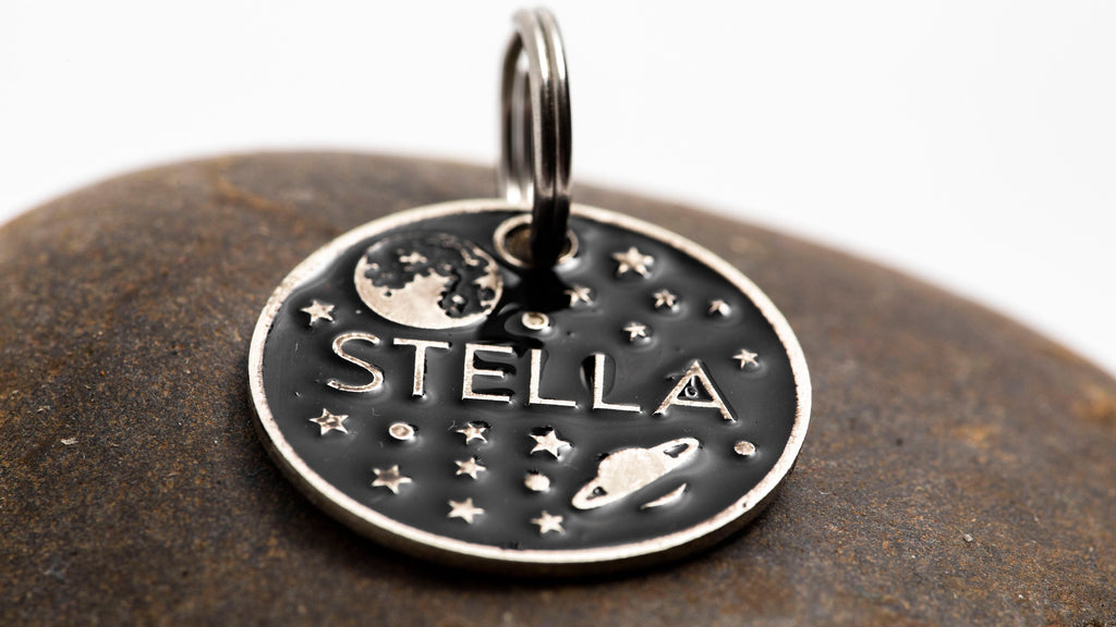 Engraved Celestial Pet ID Tag  - Cat or Dog Space Tag - 1" Silver or Gold Color Moon Tag - Custom personalized Pet Name Tag