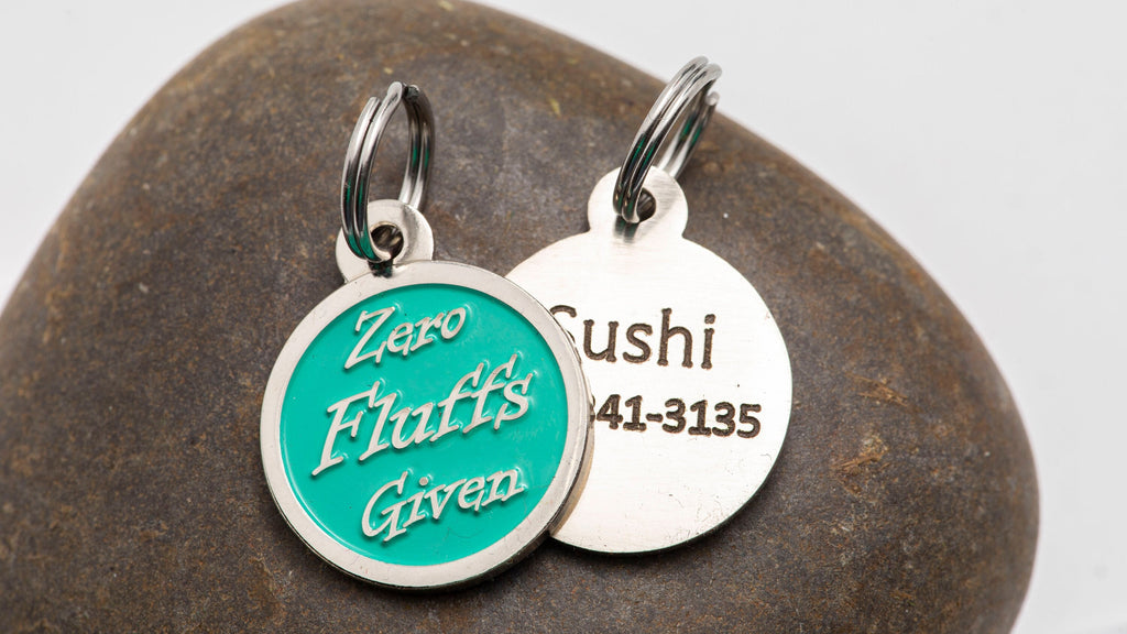 Engraved Zero Fluffs Given Pet ID Tag - Personalized Cat or Dog ID Tag - Naughty Pet Name Tag - Teal Pet Tag