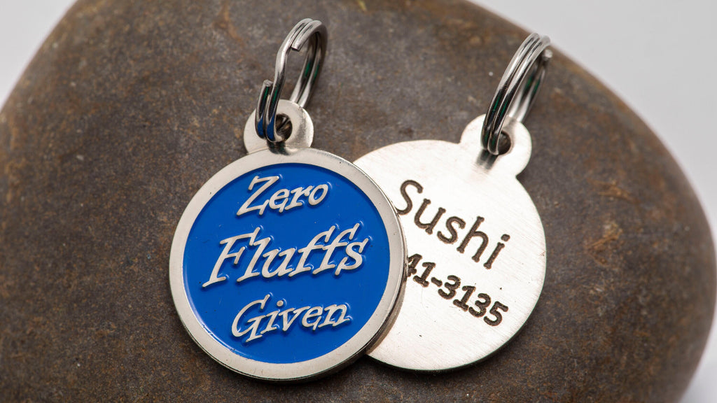 Engraved Zero Fluffs Given Pet ID Tag - Personalized Cat or Dog ID Tag - Naughty Pet Name Tag - Blue Pet Tag