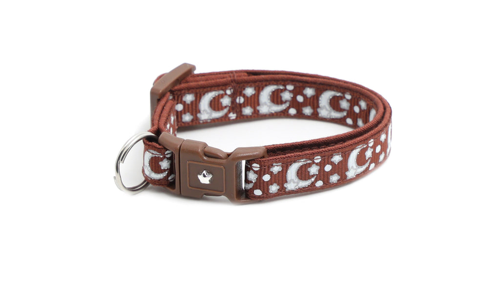 Moon Cat Collar - Silver Moons and Stars on Brown - Breakaway Cat Collar - Kitten or Large size - Glow in the Dark B91D201