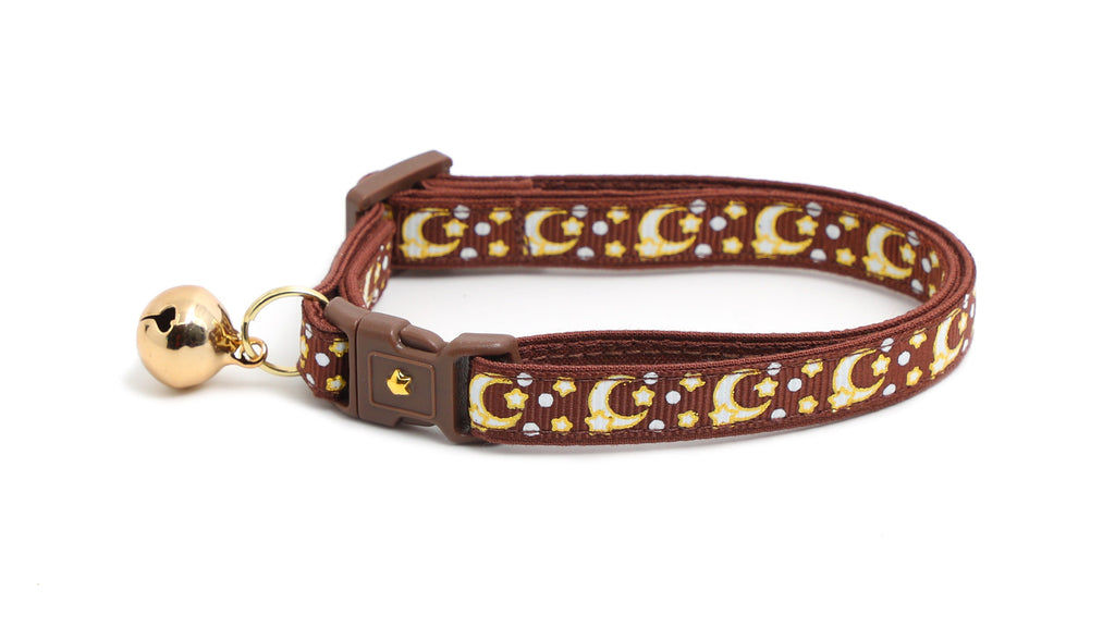 Moon Cat Collar - Gold Moons and Stars on Brown - Breakaway Cat Collar - Kitten or Large size - Glow in the Dark B113D204