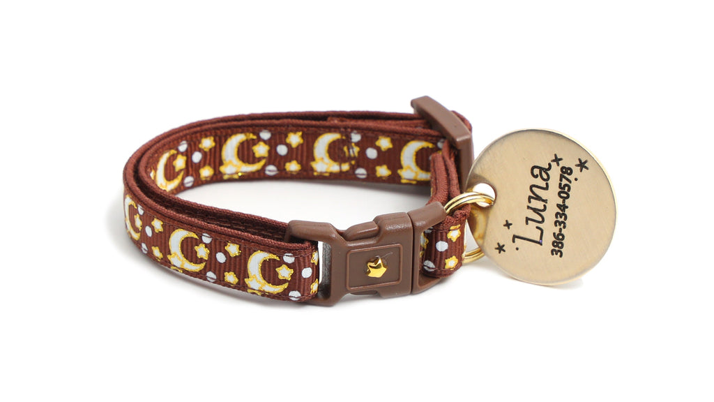 Moon Cat Collar - Gold Moons and Stars on Brown - Breakaway Cat Collar - Kitten or Large size - Glow in the Dark B113D204