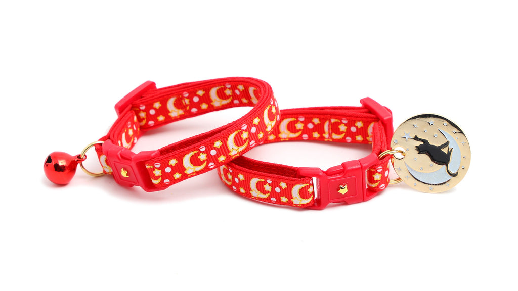 Moon Cat Collar - Gold Moons and Stars on Bright Red - Breakaway Cat Collar - Kitten or Large size - Glow in the Dark B90D204