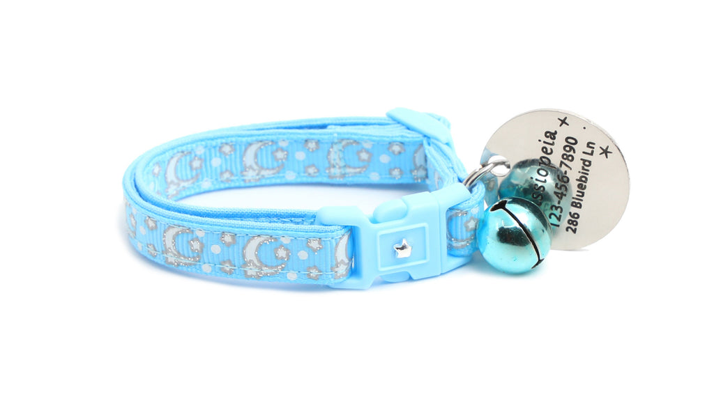 Moon Cat Collar - Silver Moons and Stars on Powder Blue - Breakaway Cat Collar - Kitten or Large size - Glow in the Dark B143D201