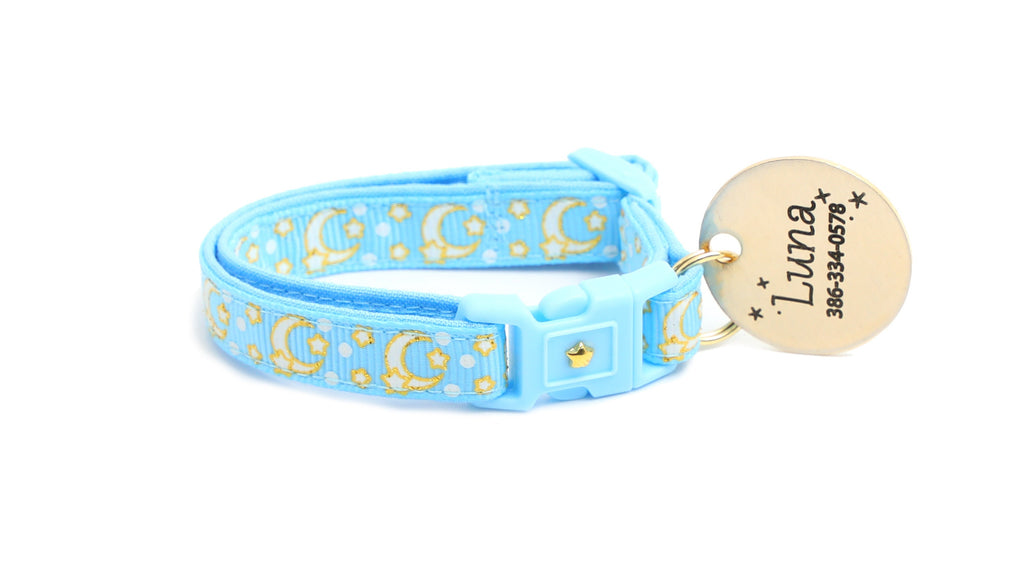 Moon Cat Collar - Gold Moons and Stars on Powder Blue - Breakaway Cat Collar - Kitten or Large size - Glow in the Dark B134D204