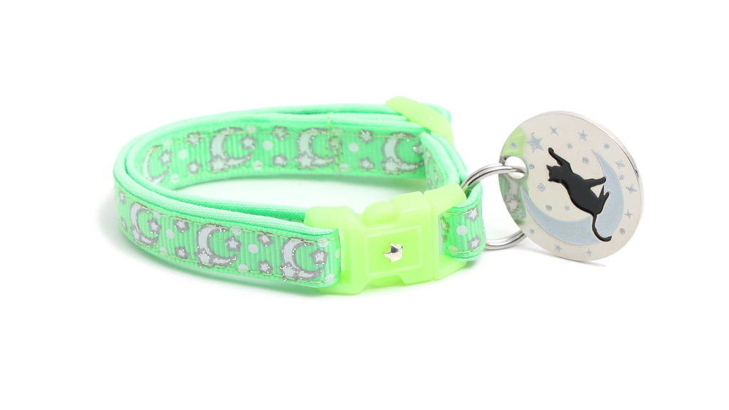Moon Cat Collar - Silver Moons and Stars on Mint Green - Breakaway Cat Collar - Kitten or Large size - Glow in the Dark B35D201