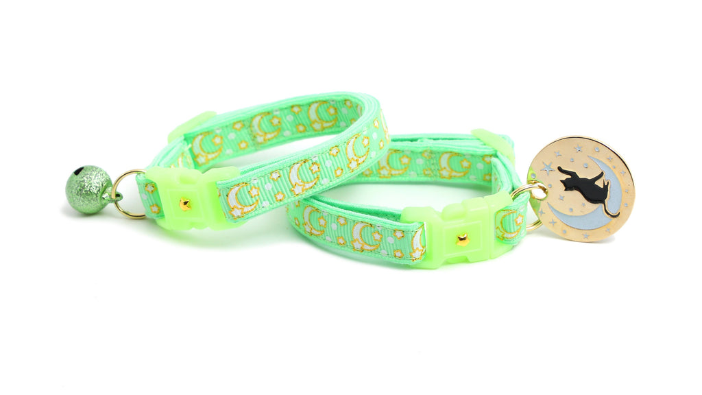 Moon Cat Collar - Gold Moons and Stars on Mint Green - Breakaway Cat Collar - Kitten or Large size - Glow in the Dark B124D204