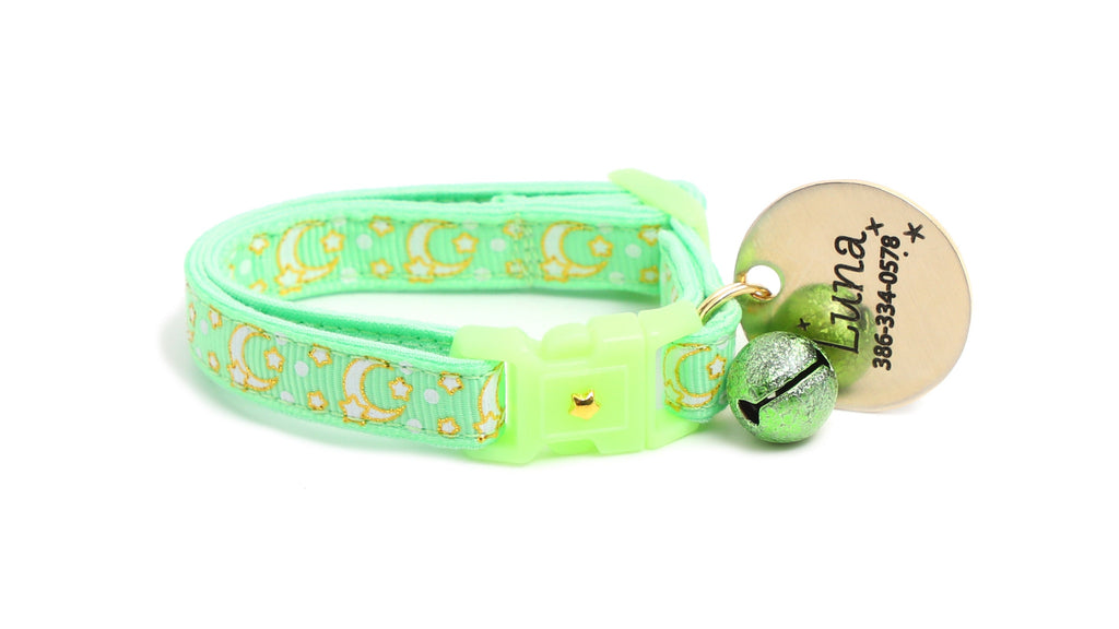 Moon Cat Collar - Gold Moons and Stars on Mint Green - Breakaway Cat Collar - Kitten or Large size - Glow in the Dark B124D204