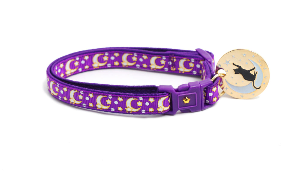 Moon Cat Collar - Gold Moons and Stars on Purple - Breakaway Cat Collar - Kitten or Large size - Glow in the Dark B18D204
