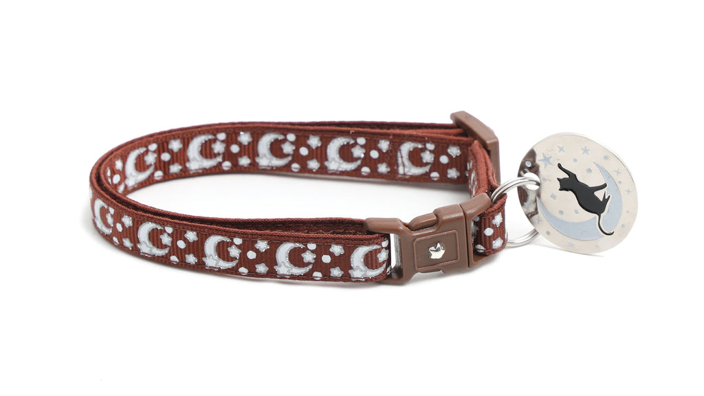 Moon Cat Collar - Silver Moons and Stars on Brown - Breakaway Cat Collar - Kitten or Large size - Glow in the Dark B91D201