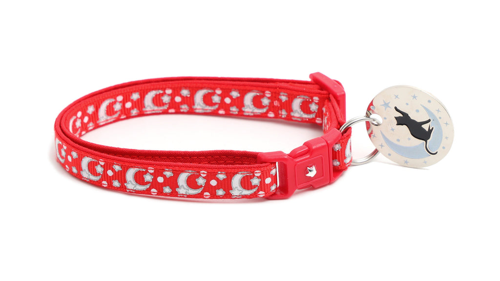 Moon Cat Collar - Silver Moons and Stars on Bright Red - Breakaway Cat Collar - Kitten or Large size - Glow in the Dark B150D201
