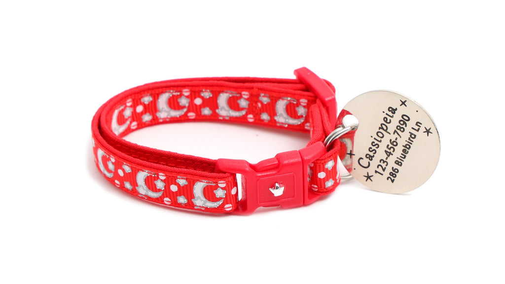 Moon Cat Collar - Silver Moons and Stars on Bright Red - Breakaway Cat Collar - Kitten or Large size - Glow in the Dark B150D201