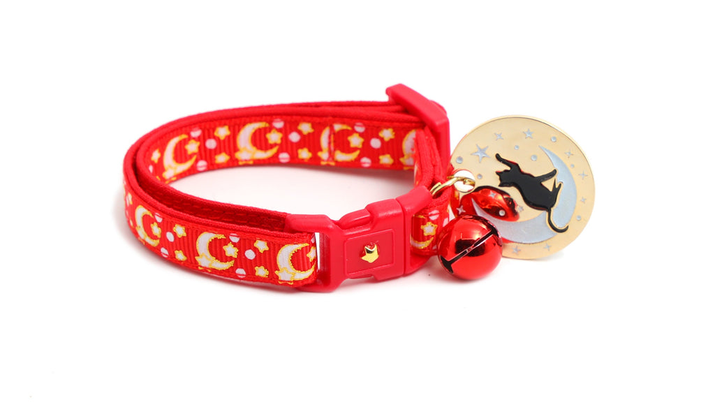 Moon Cat Collar - Gold Moons and Stars on Bright Red - Breakaway Cat Collar - Kitten or Large size - Glow in the Dark B90D204