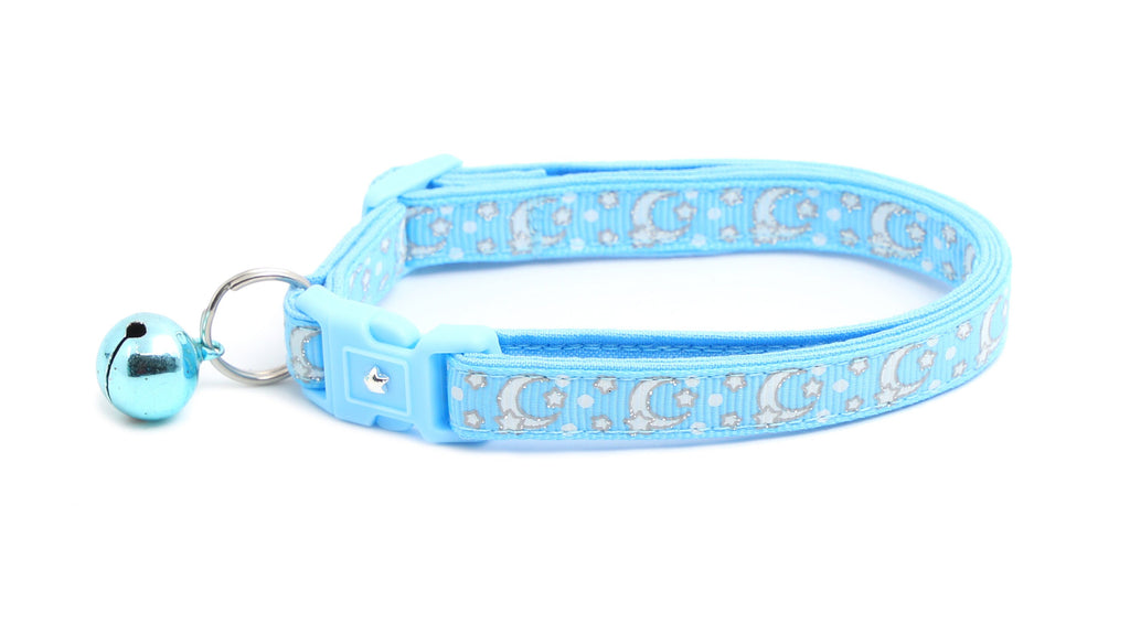Moon Cat Collar - Silver Moons and Stars on Powder Blue - Breakaway Cat Collar - Kitten or Large size - Glow in the Dark B143D201