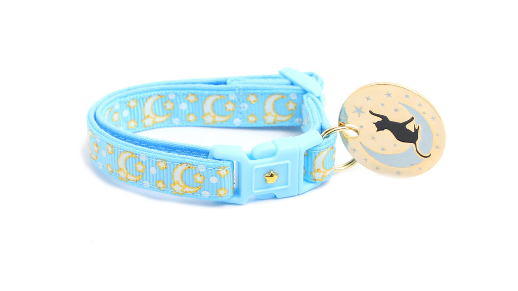 Moon Cat Collar - Gold Moons and Stars on Powder Blue - Breakaway Cat Collar - Kitten or Large size - Glow in the Dark B134D204