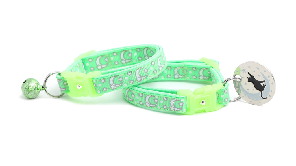 Moon Cat Collar - Silver Moons and Stars on Mint Green - Breakaway Cat Collar - Kitten or Large size - Glow in the Dark B35D201