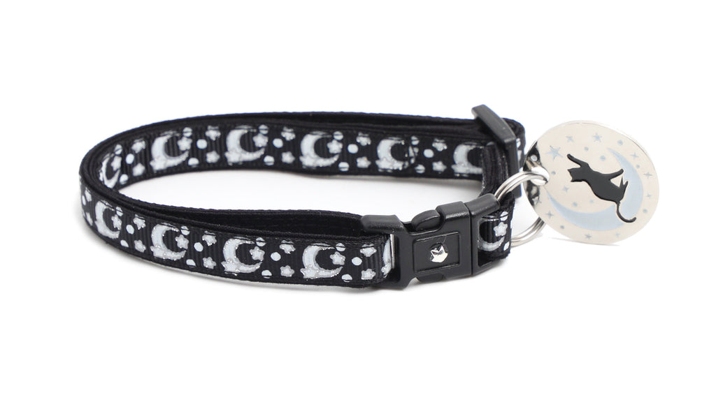 Moon Cat Collar - Silver Moons and Stars on Black - Breakaway Cat Collar - Kitten or Large size - Glow in the Dark B19D201