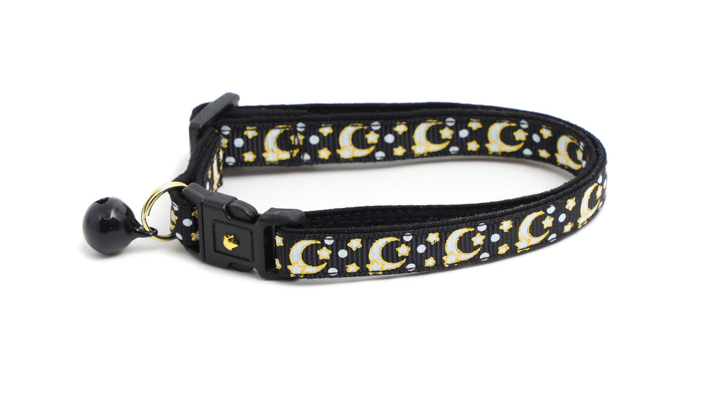 Moon Cat Collar - Gold Moons and Stars on Black V2 - Breakaway Cat Collar - Kitten or Large size - Glow in the Dark B155D204
