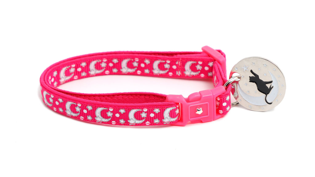 Moon Cat Collar - Silver Moons and Stars on Hot Pink - Breakaway Cat Collar - Kitten or Large size - Glow in the Dark B123D201
