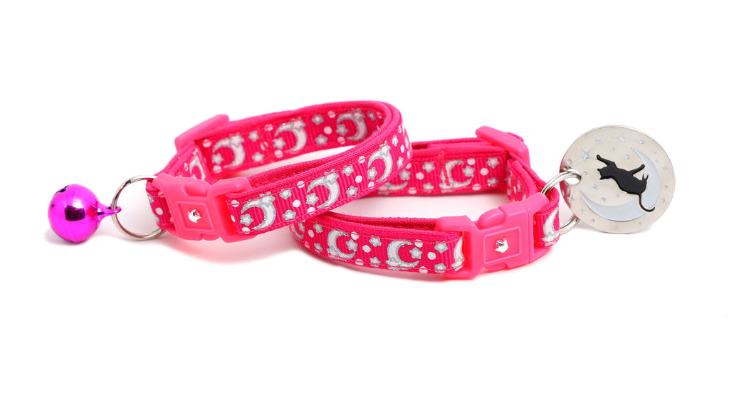 Moon Cat Collar - Silver Moons and Stars on Hot Pink - Breakaway Cat Collar - Kitten or Large size - Glow in the Dark B123D201