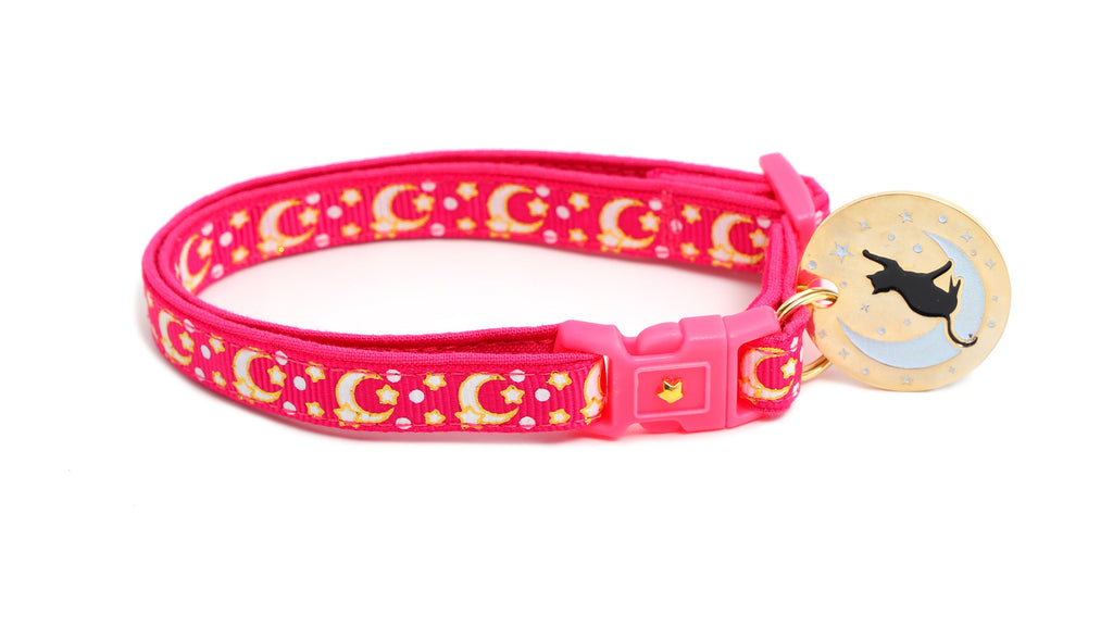 Moon Cat Collar - Gold Moons and Stars on Hot Pink - Breakaway Cat Collar - Kitten or Large size - Glow in the Dark B80D204