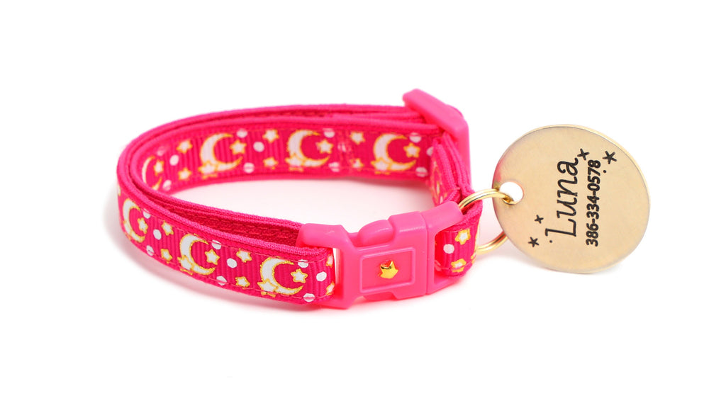 Moon Cat Collar - Gold Moons and Stars on Hot Pink - Breakaway Cat Collar - Kitten or Large size - Glow in the Dark B80D204