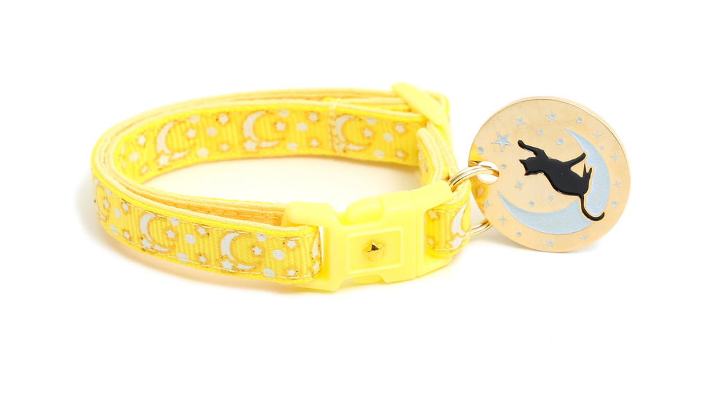 Moon Cat Collar - Gold Moons and Stars on Yellow - Breakaway Cat Collar - Kitten or Large size - Glow in the Dark B144D204