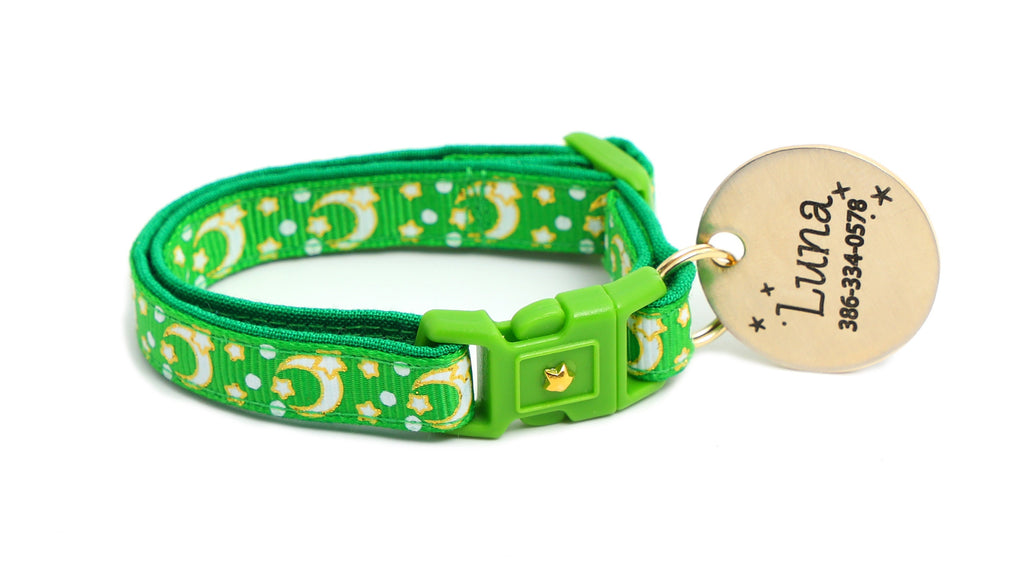 Moon Cat Collar - Gold Moons and Stars on Kelly Green  - Breakaway Cat Collar - Kitten or Large size - Glow in the Dark B148D204