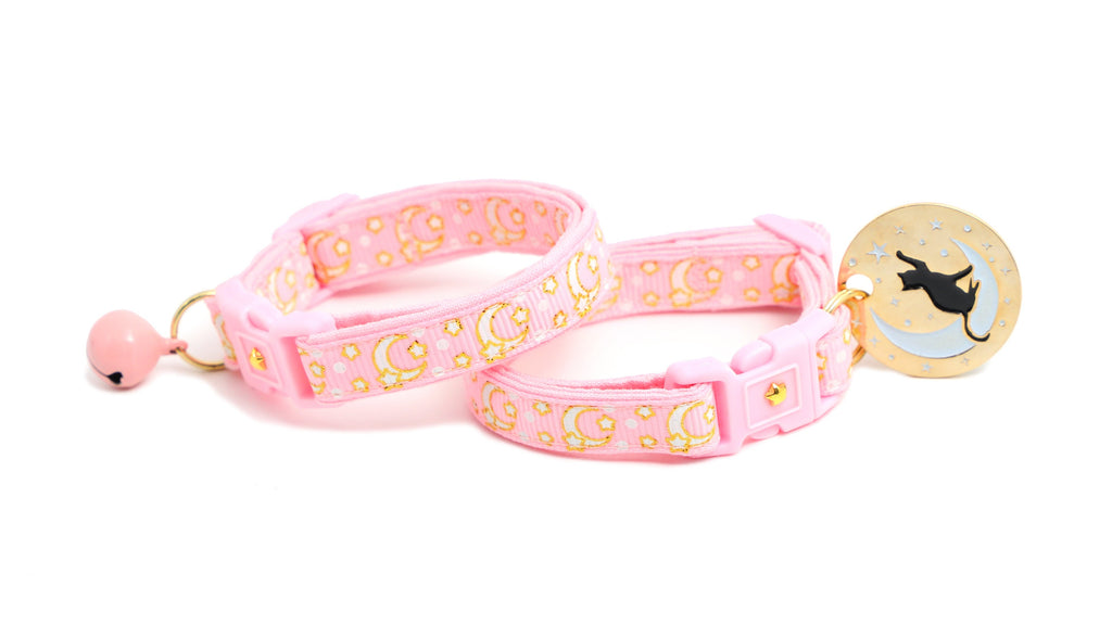 Moon Cat Collar - Gold Moons and Stars on Powder Pink  - Breakaway Cat Collar - Kitten or Large size - Glow in the Dark B152D204