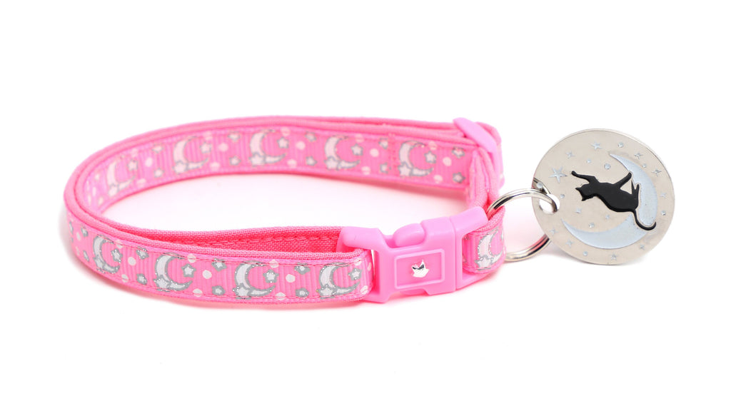Moon Cat Collar - Silver Moons and Stars on Peony Pink - Breakaway Cat Collar - Kitten or Large size - Glow in the Dark B156D201