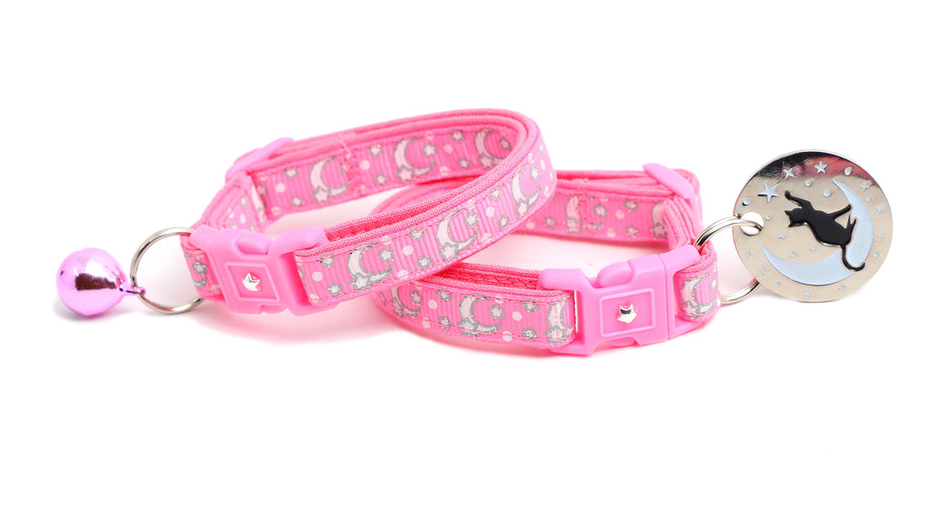 Moon Cat Collar - Silver Moons and Stars on Peony Pink - Breakaway Cat Collar - Kitten or Large size - Glow in the Dark B156D201