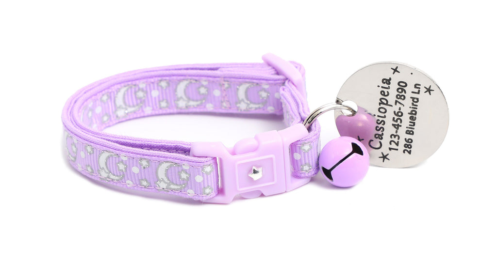 Moon Cat Collar - Silver Moons and Stars on Pastel Purple - Breakaway Cat Collar - Kitten or Large size - Glow in the Dark B145D201