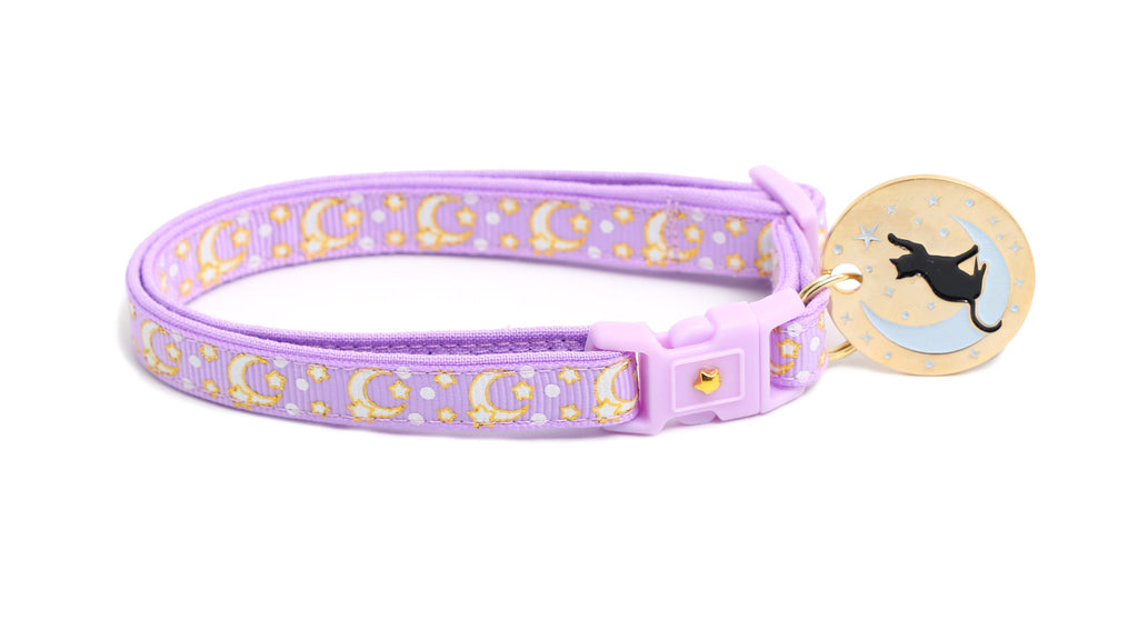 Moon Cat Collar - Gold Moons and Stars on Pastel Purple - Breakaway Cat Collar - Kitten or Large size - Glow in the Dark B151D204