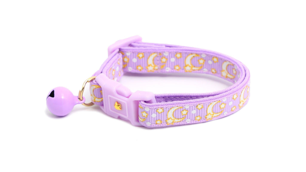 Moon Cat Collar - Gold Moons and Stars on Pastel Purple - Breakaway Cat Collar - Kitten or Large size - Glow in the Dark B151D204