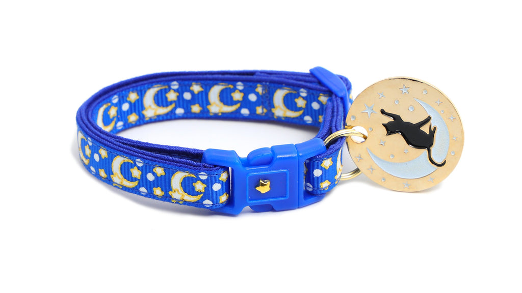 Moon Cat Collar - Gold Moons and Stars on Sapphire Blue - Breakaway Cat Collar - Kitten or Large size - Glow in the Dark B153D204