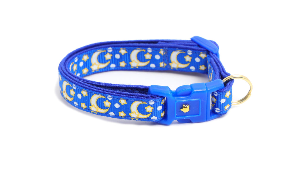 Moon Cat Collar - Gold Moons and Stars on Sapphire Blue - Breakaway Cat Collar - Kitten or Large size - Glow in the Dark B153D204