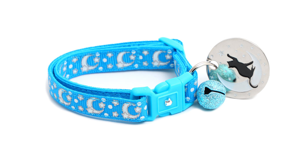 Moon Cat Collar - Silver Moons and Stars on Peacock Blue - Breakaway Cat Collar - Kitten or Large size - Glow in the Dark B159D201