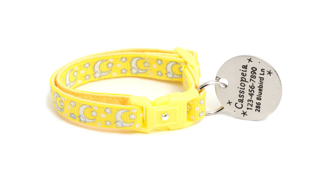 Moon Cat Collar - Silver Moons and Stars on Yellow - Breakaway Cat Collar - Kitten or Large size - Glow in the Dark B117D201