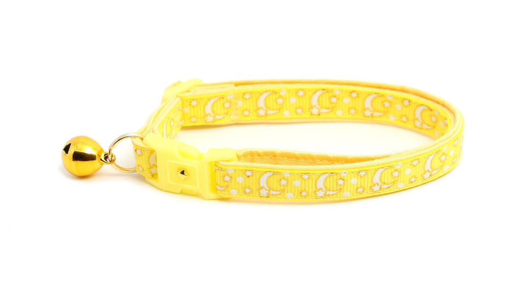 Moon Cat Collar - Gold Moons and Stars on Yellow - Breakaway Cat Collar - Kitten or Large size - Glow in the Dark B144D204