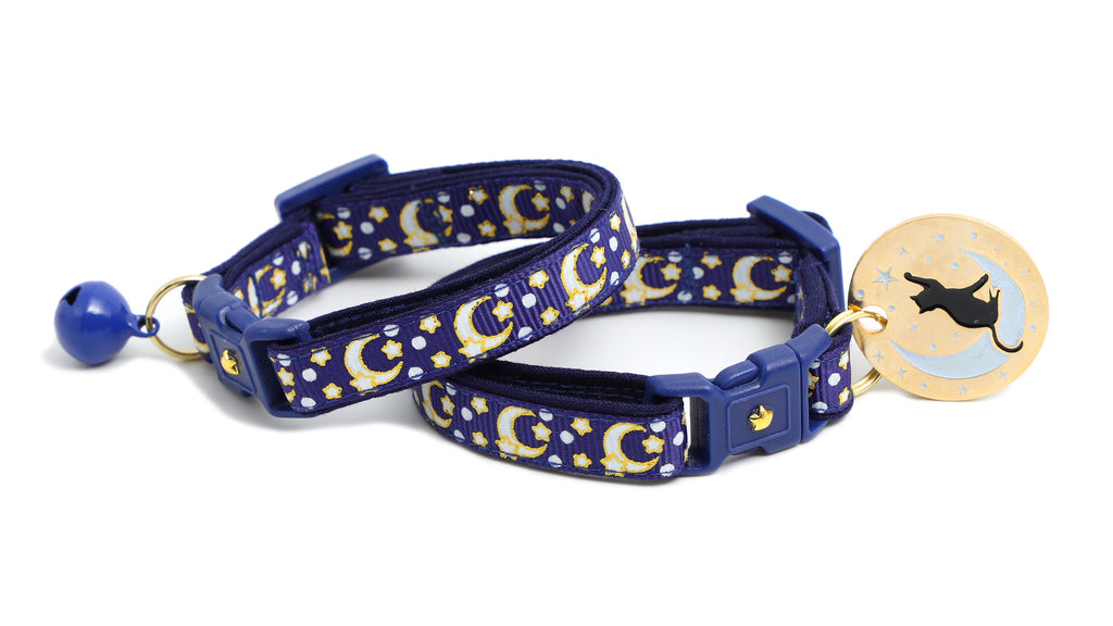 Moon Cat Collar - Gold Moons and Stars on Navy Blue  - Breakaway Cat Collar - Kitten or Large size - Glow in the Dark B116D204
