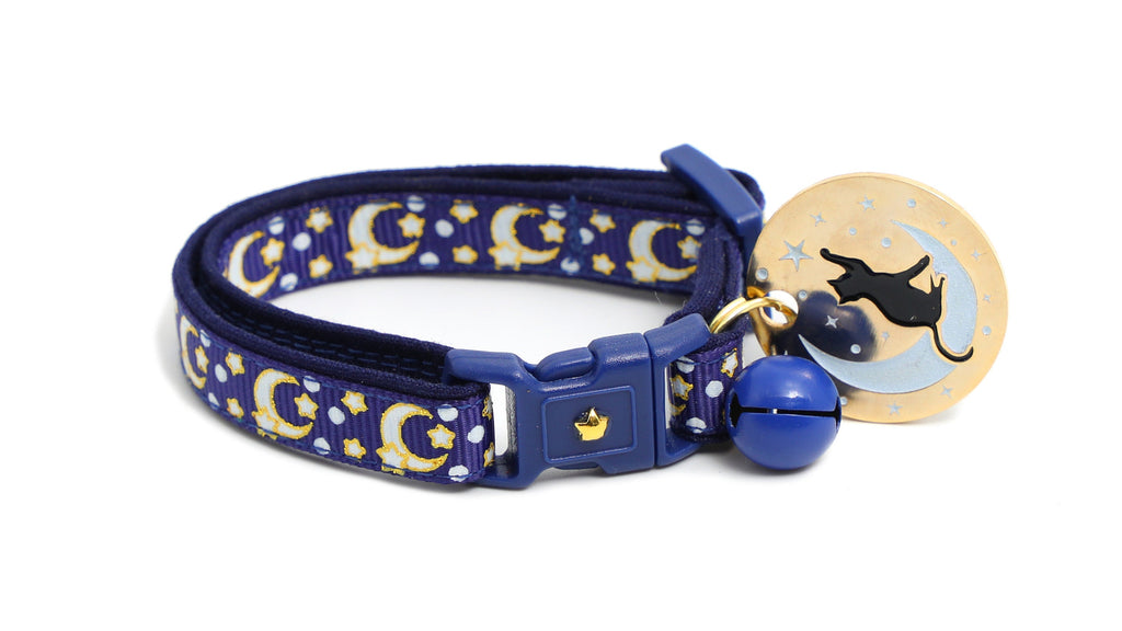 Moon Cat Collar - Gold Moons and Stars on Navy Blue  - Breakaway Cat Collar - Kitten or Large size - Glow in the Dark B116D204