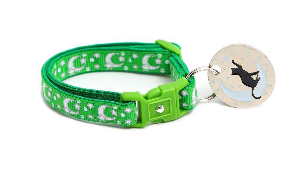 Moon Cat Collar - Silver Moons and Stars on Kelly Green - Breakaway Cat Collar - Kitten or Large size - Glow in the Dark B154D201