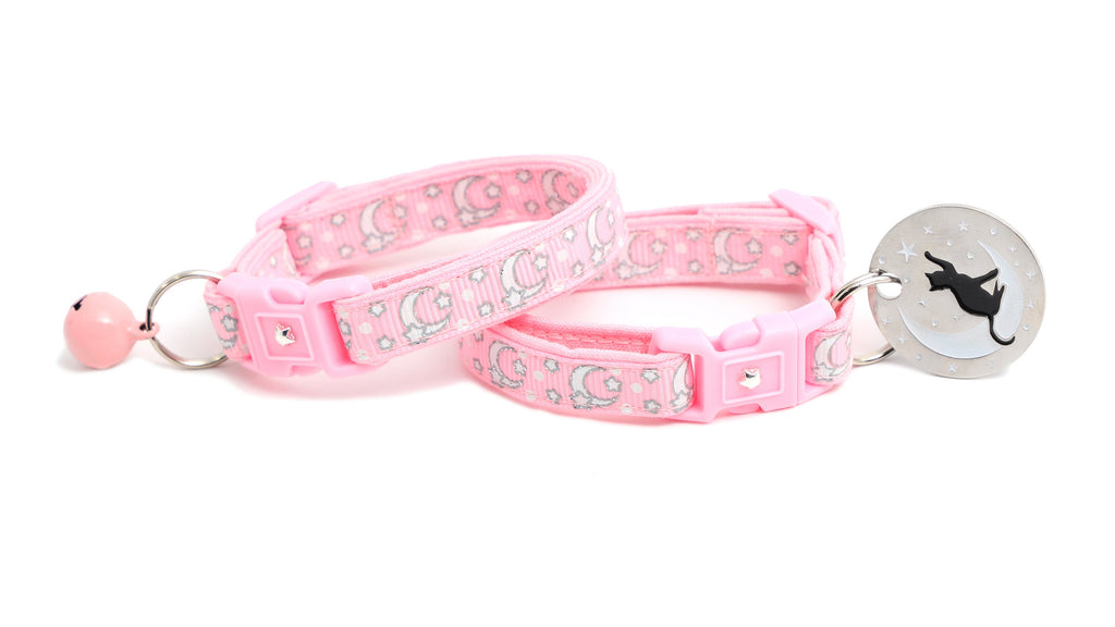Moon Cat Collar - Silver Moons and Stars on Powder Pink - Breakaway Cat Collar - Kitten or Large size - Glow in the Dark B149D201