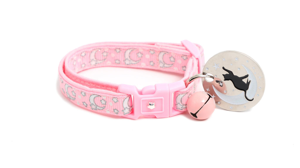 Moon Cat Collar - Silver Moons and Stars on Powder Pink - Breakaway Cat Collar - Kitten or Large size - Glow in the Dark B149D201